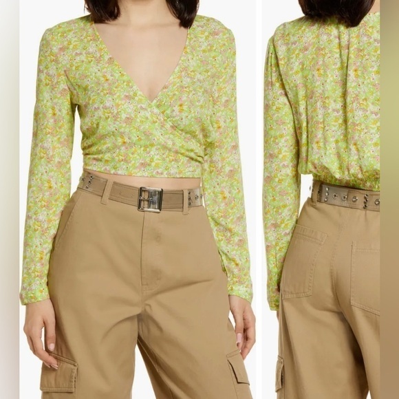 BP SURPLICE V-NECK CROP TOP COLOR GREEN HANNAH KATE SMALL STYLE BP453132MI NEW - Picture 1 of 6